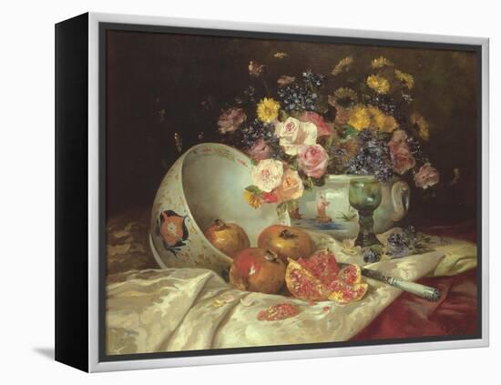 Still Life of Flowers in a Chinese Vase with Pomegranates-Eugene Henri Cauchois-Framed Premier Image Canvas