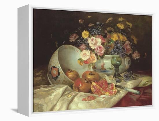 Still Life of Flowers in a Chinese Vase with Pomegranates-Eugene Henri Cauchois-Framed Premier Image Canvas