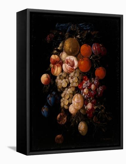 Still Life of Grapes, Cherries and Plums Hanging from A Nail with A Blue Ribbon, 17Th Century (Oil-Cornelis De Heem-Framed Premier Image Canvas