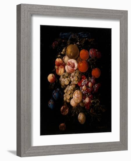 Still Life of Grapes, Cherries and Plums Hanging from A Nail with A Blue Ribbon, 17Th Century (Oil-Cornelis De Heem-Framed Giclee Print