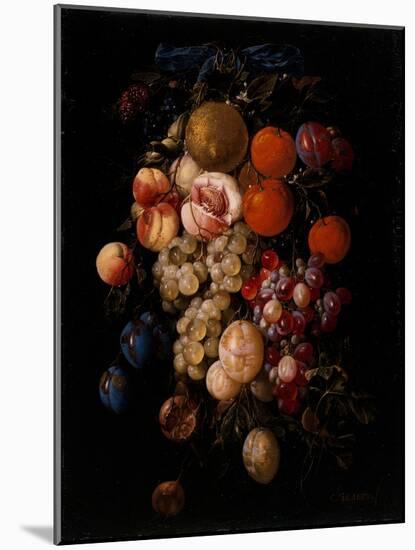 Still Life of Grapes, Cherries and Plums Hanging from A Nail with A Blue Ribbon, 17Th Century (Oil-Cornelis De Heem-Mounted Giclee Print