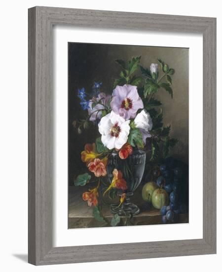 Still Life of Hibiscus and Nasturtium in a Glass Vase-Julie Guyot-Framed Giclee Print