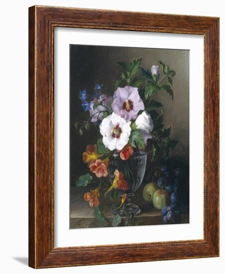 Still Life of Hibiscus and Nasturtium in a Glass Vase-Julie Guyot-Framed Giclee Print