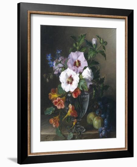 Still Life of Hibiscus and Nasturtium in a Glass Vase-Julie Guyot-Framed Giclee Print