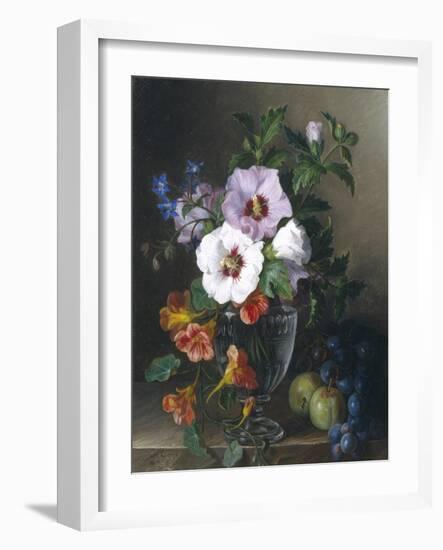 Still Life of Hibiscus and Nasturtium in a Glass Vase-Julie Guyot-Framed Giclee Print