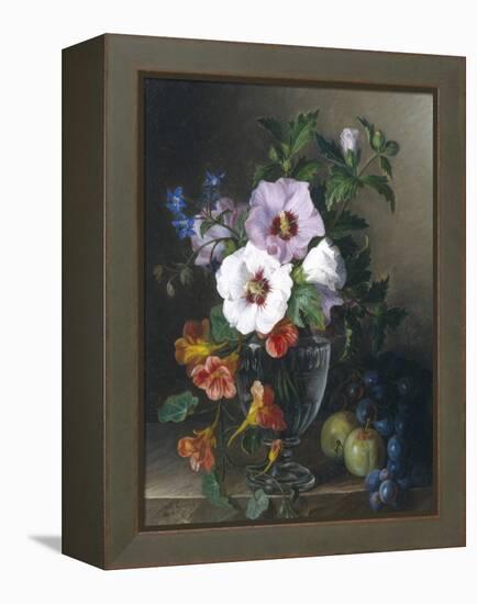 Still Life of Hibiscus and Nasturtium in a Glass Vase-Julie Guyot-Framed Premier Image Canvas