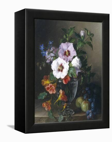 Still Life of Hibiscus and Nasturtium in a Glass Vase-Julie Guyot-Framed Premier Image Canvas