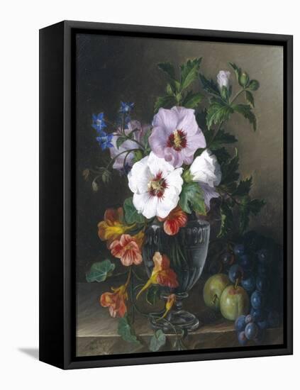 Still Life of Hibiscus and Nasturtium in a Glass Vase-Julie Guyot-Framed Premier Image Canvas