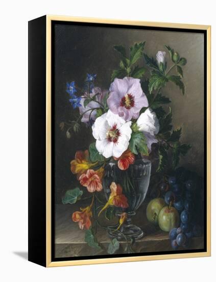 Still Life of Hibiscus and Nasturtium in a Glass Vase-Julie Guyot-Framed Premier Image Canvas