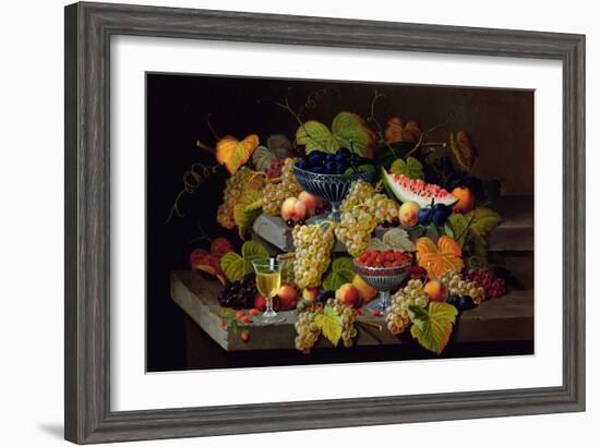 Still Life of Melon, Plums, Grapes, Peaches, Cherries, Strawberries Etc on Stone Ledges-Severin Roesen-Framed Giclee Print