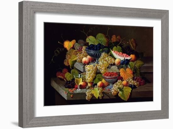 Still Life of Melon, Plums, Grapes, Peaches, Cherries, Strawberries Etc on Stone Ledges-Severin Roesen-Framed Giclee Print