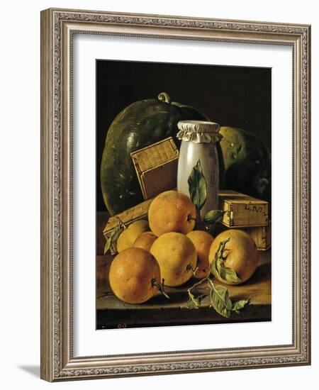 Still Life of Oranges, Watermelon, a Pot, and Boxes of Cake, Ca. 1760-Luis Egidio Meléndez-Framed Giclee Print