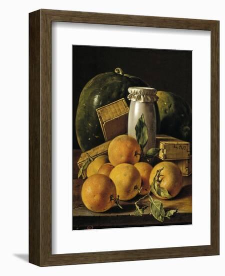 Still Life of Oranges, Watermelon, a Pot, and Boxes of Cake, Ca. 1760-Luis Egidio Meléndez-Framed Giclee Print