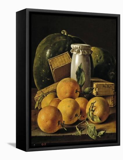 Still Life of Oranges, Watermelon, a Pot, and Boxes of Cake, Ca. 1760-Luis Egidio Meléndez-Framed Premier Image Canvas