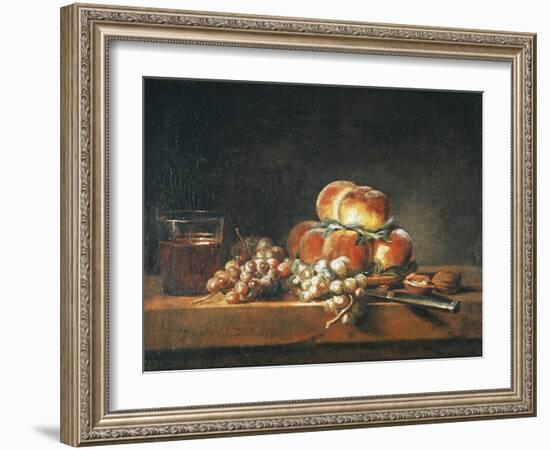 Still Life of Peaches, Nuts, Grapes and a Glass of Wine, 1758-Jean-Baptiste Simeon Chardin-Framed Giclee Print