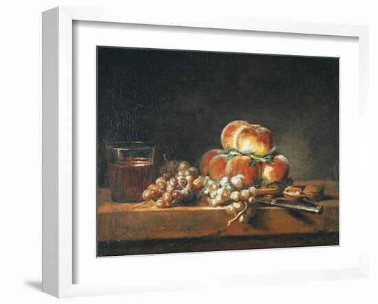 Still Life of Peaches, Nuts, Grapes and a Glass of Wine, 1758-Jean-Baptiste Simeon Chardin-Framed Giclee Print