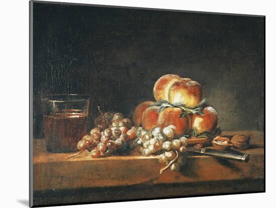 Still Life of Peaches, Nuts, Grapes and a Glass of Wine, 1758-Jean-Baptiste Simeon Chardin-Mounted Giclee Print