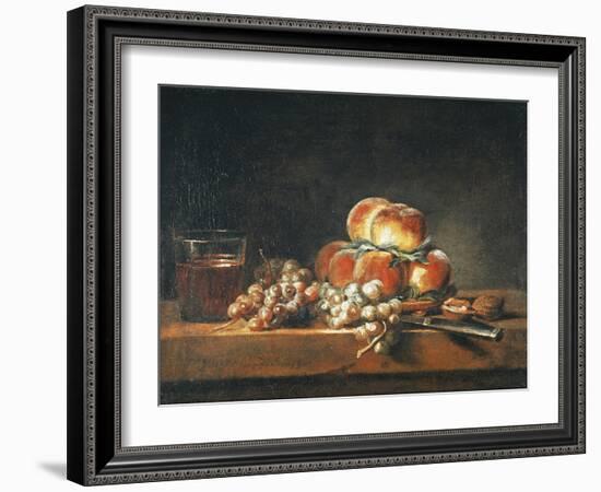 Still Life of Peaches, Nuts, Grapes and a Glass of Wine, 1758-Jean-Baptiste Simeon Chardin-Framed Giclee Print