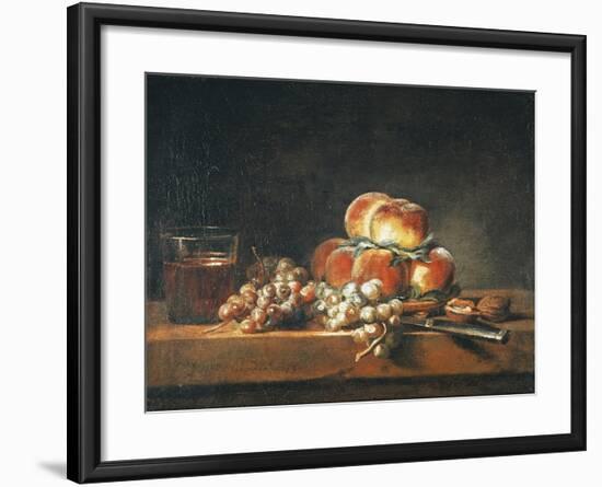 Still Life of Peaches, Nuts, Grapes and a Glass of Wine, 1758-Jean-Baptiste Simeon Chardin-Framed Giclee Print