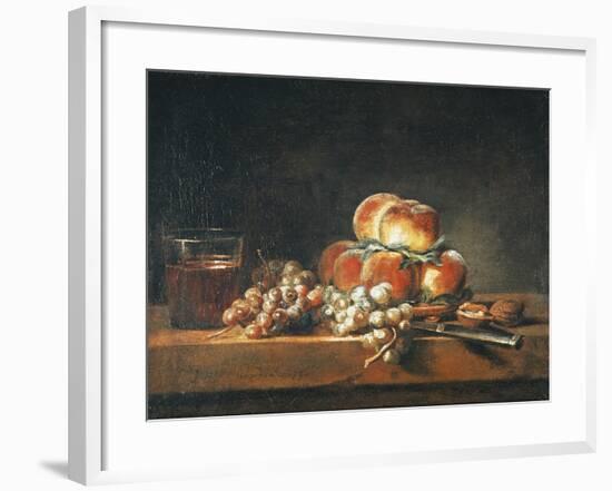 Still Life of Peaches, Nuts, Grapes and a Glass of Wine, 1758-Jean-Baptiste Simeon Chardin-Framed Giclee Print