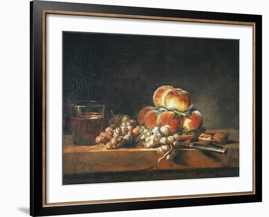 Still Life of Peaches, Nuts, Grapes and a Glass of Wine, 1758-Jean-Baptiste Simeon Chardin-Framed Giclee Print