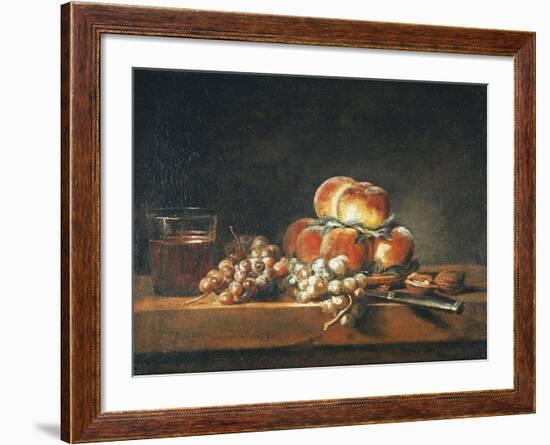 Still Life of Peaches, Nuts, Grapes and a Glass of Wine, 1758-Jean-Baptiste Simeon Chardin-Framed Giclee Print