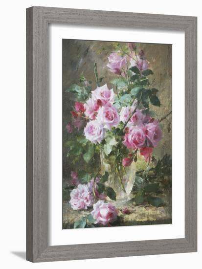 Still Life of Pink Roses in a Glass Vase-Frans Mortelmans-Framed Giclee Print