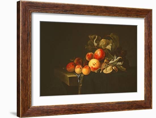 Still Life of Plums, Peaches, Almonds and Grapes on a Draped Ledge, 1650-Willem van Aelst-Framed Giclee Print