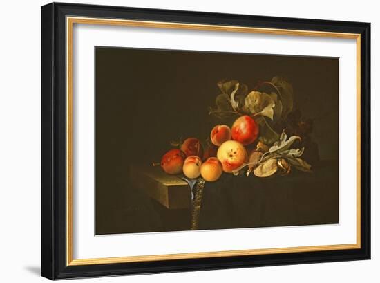 Still Life of Plums, Peaches, Almonds and Grapes on a Draped Ledge, 1650-Willem van Aelst-Framed Giclee Print