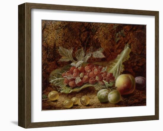 Still Life of Raspberries, Gooseberries, Peach and Plums on a Mossy Bank-Oliver Clare-Framed Giclee Print