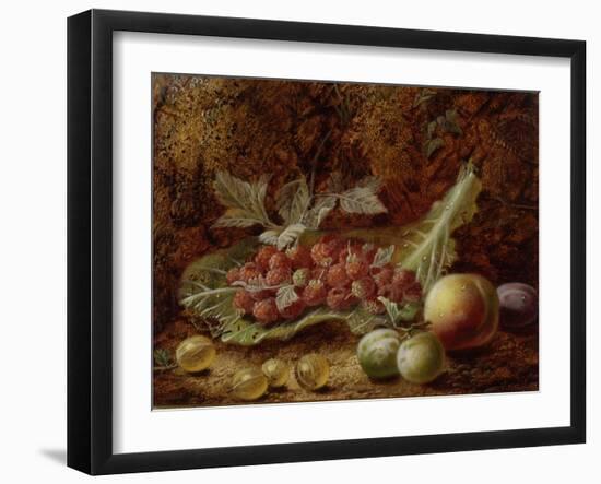 Still Life of Raspberries, Gooseberries, Peach and Plums on a Mossy Bank-Oliver Clare-Framed Giclee Print