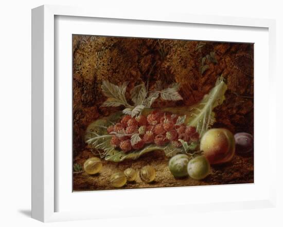 Still Life of Raspberries, Gooseberries, Peach and Plums on a Mossy Bank-Oliver Clare-Framed Giclee Print