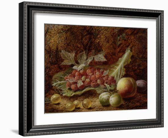 Still Life of Raspberries, Gooseberries, Peach and Plums on a Mossy Bank-Oliver Clare-Framed Giclee Print