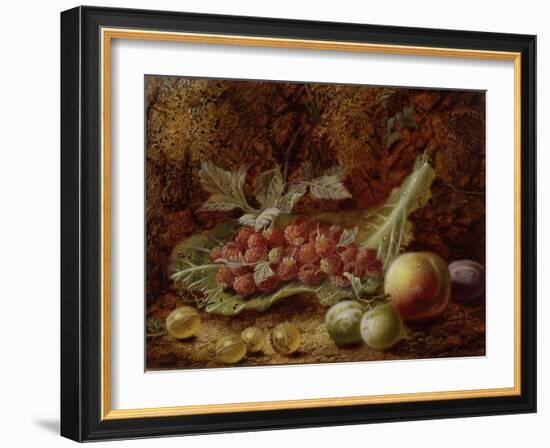 Still Life of Raspberries, Gooseberries, Peach and Plums on a Mossy Bank-Oliver Clare-Framed Giclee Print