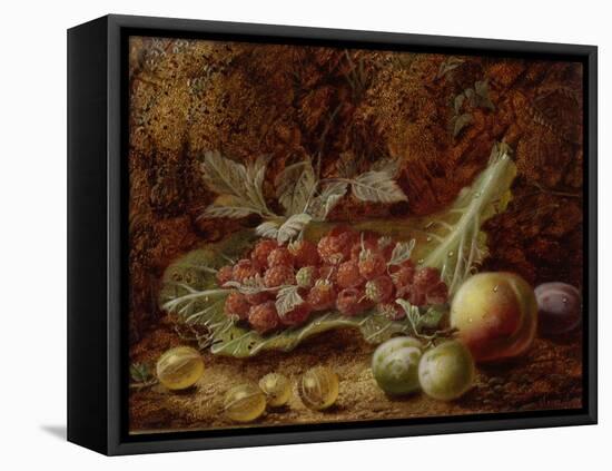 Still Life of Raspberries, Gooseberries, Peach and Plums on a Mossy Bank-Oliver Clare-Framed Premier Image Canvas