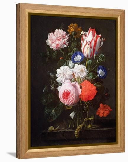 Still Life of Roses, a Carnation, Convolvulus and a Tulip in a Glass Vase-Nicolaes van Veerendael-Framed Premier Image Canvas