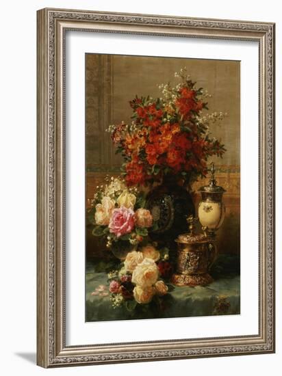 Still Life of roses and other flowers-Jean Baptiste Robie-Framed Giclee Print