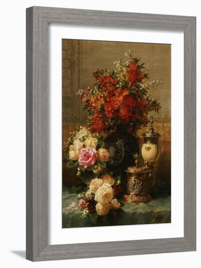 Still Life of roses and other flowers-Jean Baptiste Robie-Framed Giclee Print