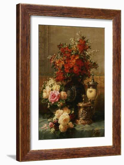Still Life of roses and other flowers-Jean Baptiste Robie-Framed Giclee Print