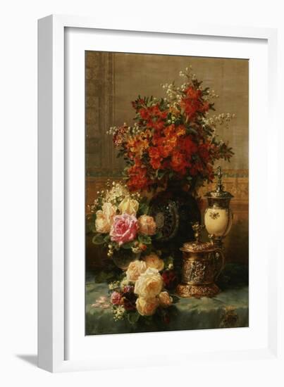 Still Life of roses and other flowers-Jean Baptiste Robie-Framed Giclee Print