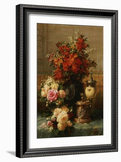 Still Life of roses and other flowers-Jean Baptiste Robie-Framed Giclee Print