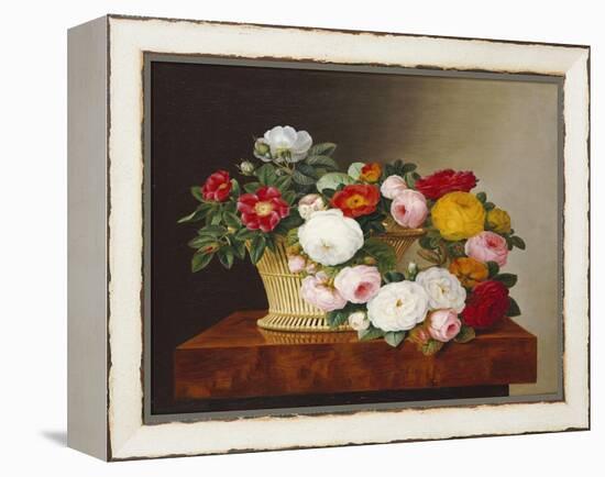 Still Life of Roses in a Basket on a Ledge-Johan Laurentz Jensen-Framed Premier Image Canvas