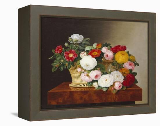 Still Life of Roses in a Basket on a Ledge-Johan Laurentz Jensen-Framed Premier Image Canvas