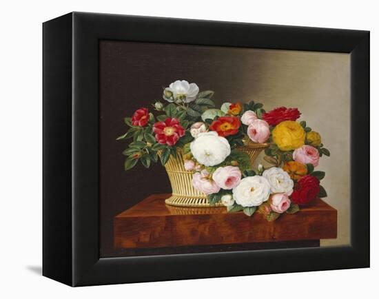 Still Life of Roses in a Basket on a Ledge-Johan Laurentz Jensen-Framed Premier Image Canvas