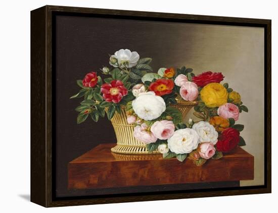 Still Life of Roses in a Basket on a Ledge-Johan Laurentz Jensen-Framed Premier Image Canvas