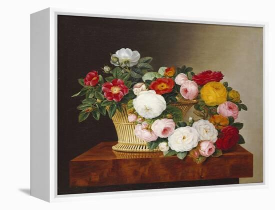 Still Life of Roses in a Basket on a Ledge-Johan Laurentz Jensen-Framed Premier Image Canvas