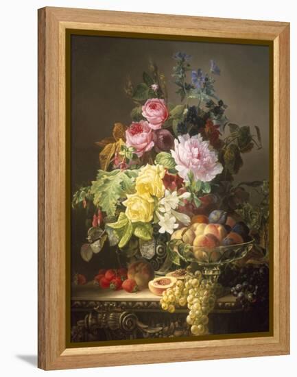 Still Life of Roses, Lilies and Strawberries-Francois Duval-Framed Premier Image Canvas