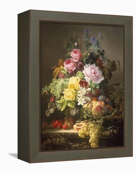 Still Life of Roses, Lilies and Strawberries-Francois Duval-Framed Premier Image Canvas