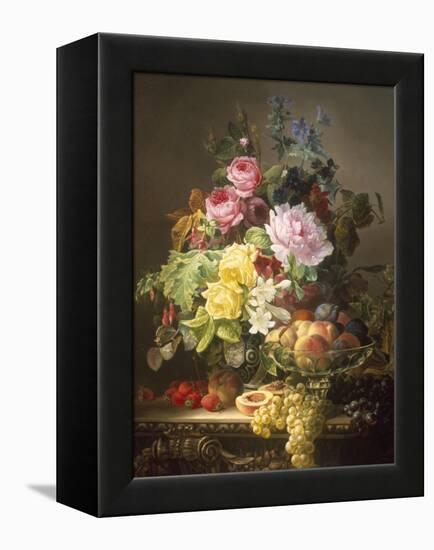 Still Life of Roses, Lilies and Strawberries-Francois Duval-Framed Premier Image Canvas