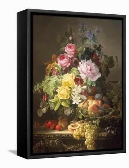 Still Life of Roses, Lilies and Strawberries-Francois Duval-Framed Premier Image Canvas